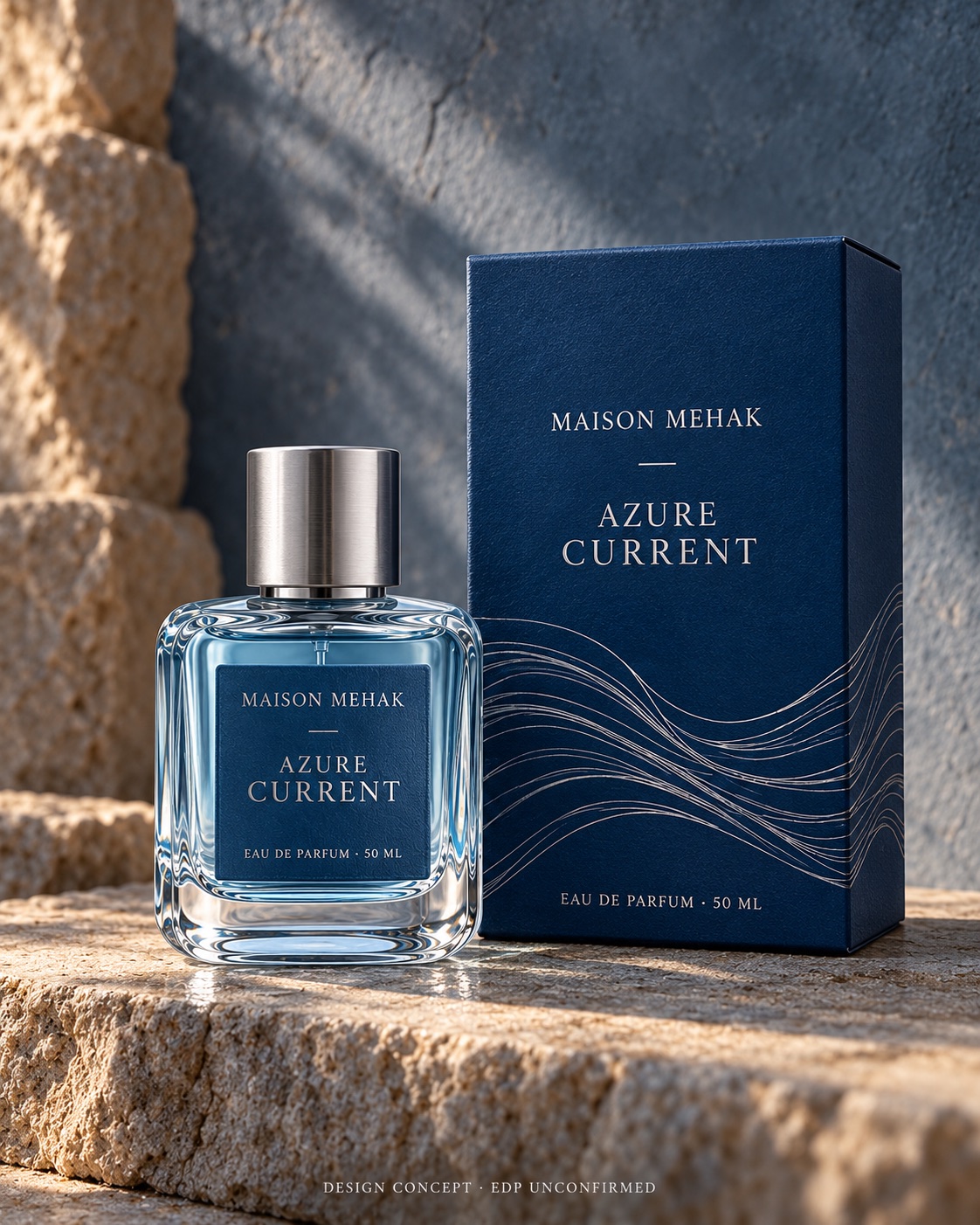 Azure Current 50 ml design proposal: original bottle and matching carton on cool blue-grey stone with directional light and a deep marine carton; packaging preview; EDP to be confirmed