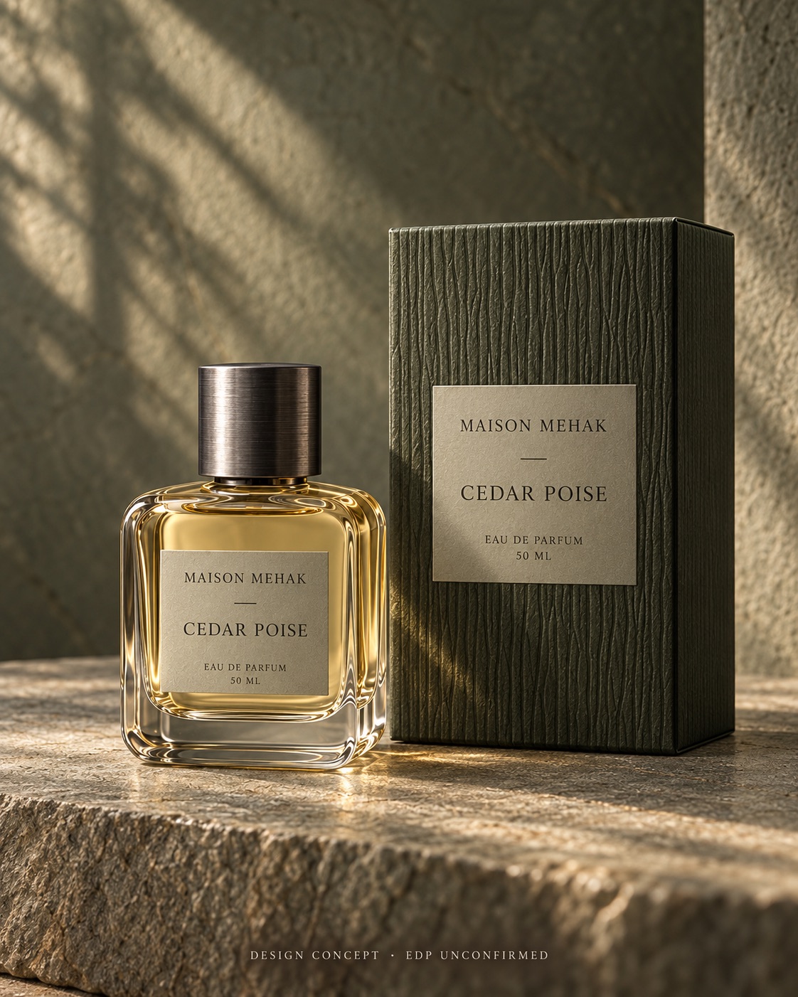 Cedar Poise 50 ml design proposal: original bottle and matching carton on sage architectural stone with gentle sunlight and a dark sage carton; packaging preview; EDP to be confirmed