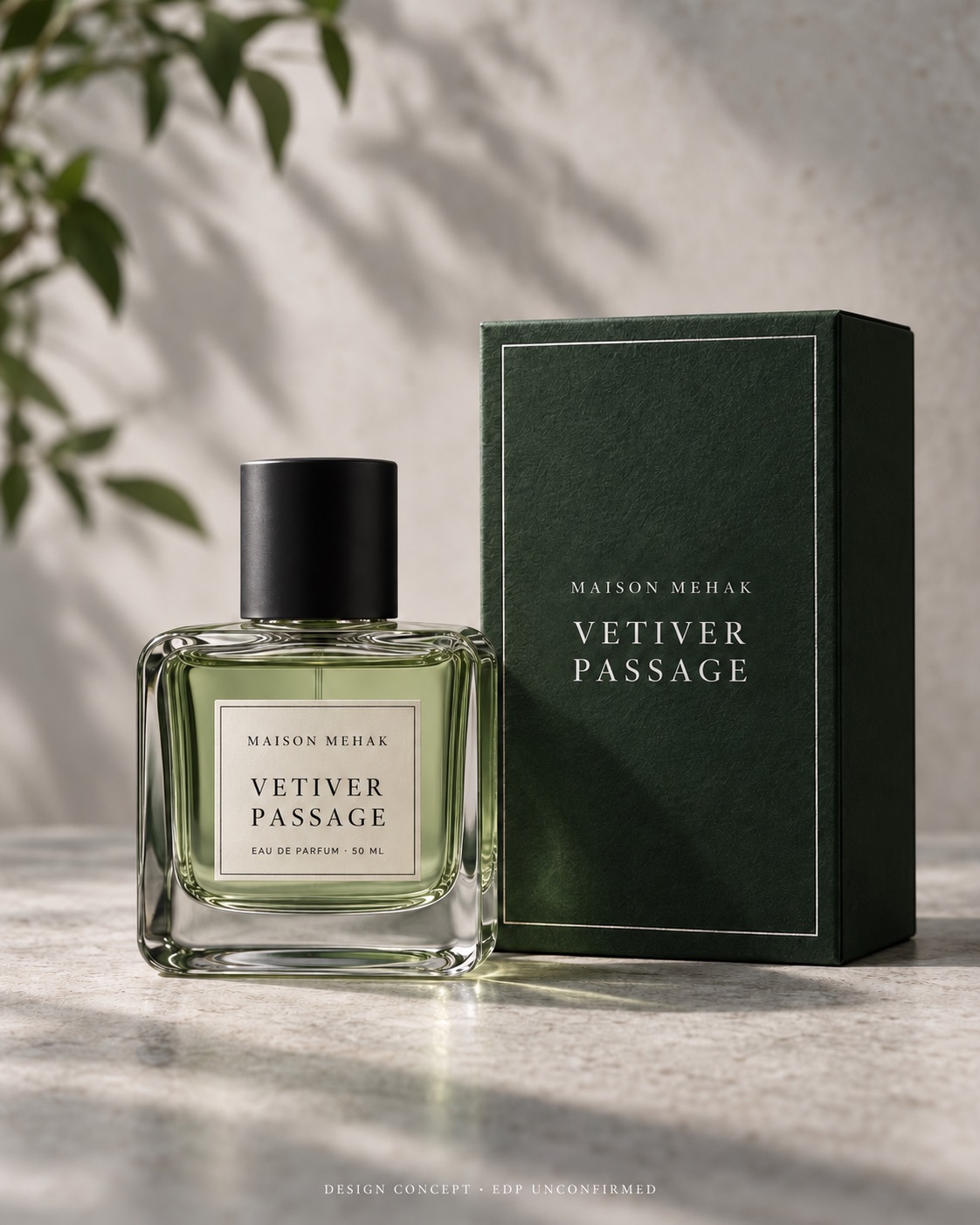 Vetiver Passage 50 ml design proposal: original bottle and matching carton on cool pale stone with a subtle foliage shadow and a forest-green carton; packaging preview; EDP to be confirmed