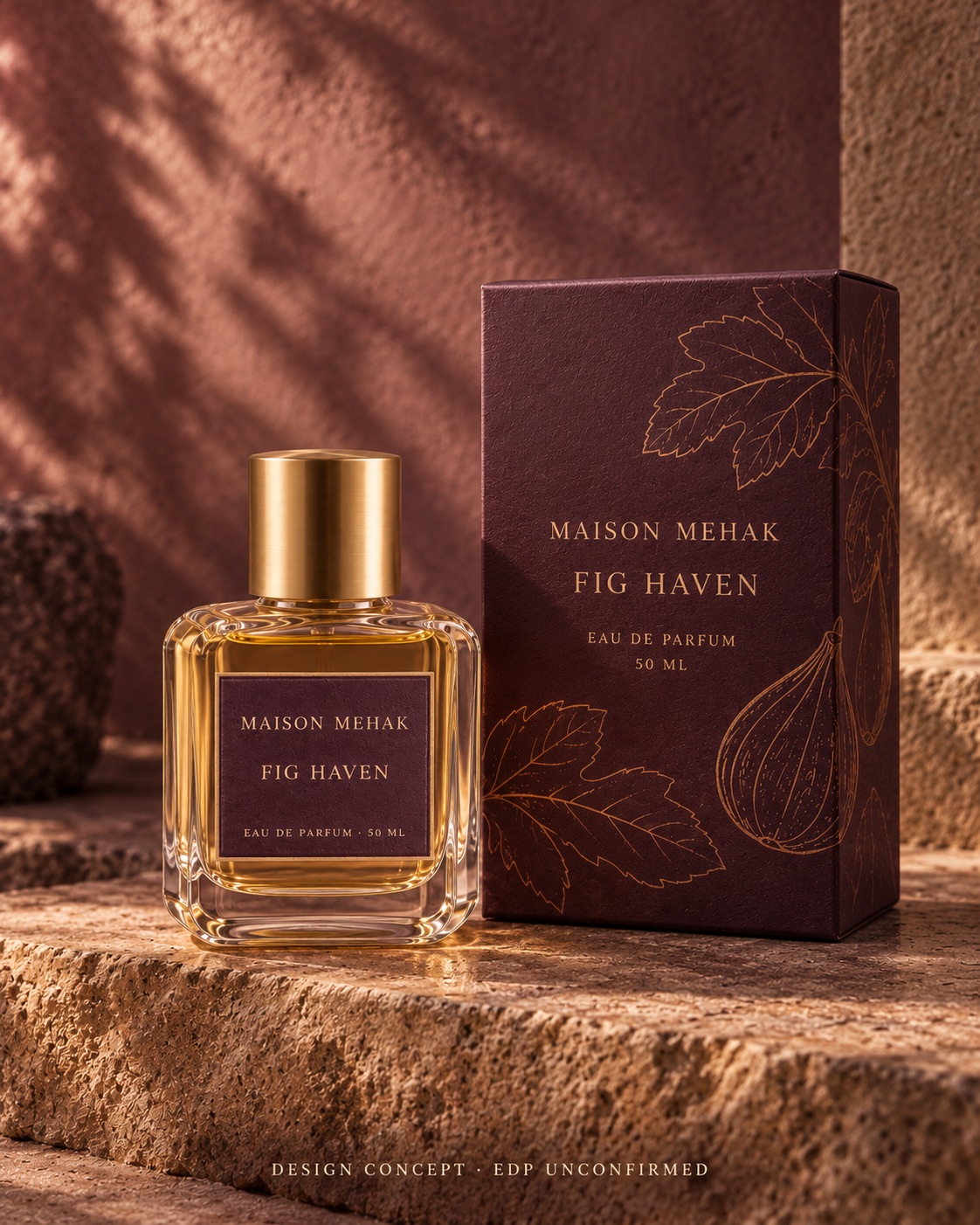 Fig Haven 50 ml design proposal: original bottle and matching carton on muted fig and mauve plaster with soft light and an aubergine carton; packaging preview; EDP to be confirmed