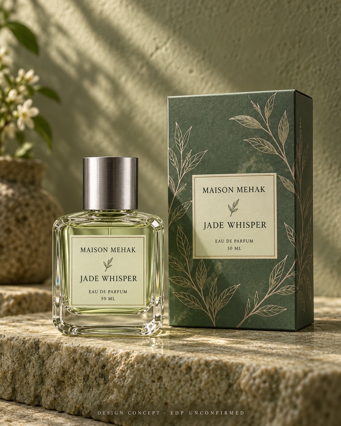 Jade Whisper 50 ml design proposal: original bottle and matching carton on pale green stone with a soft leaf shadow and a jade carton; packaging preview; EDP to be confirmed