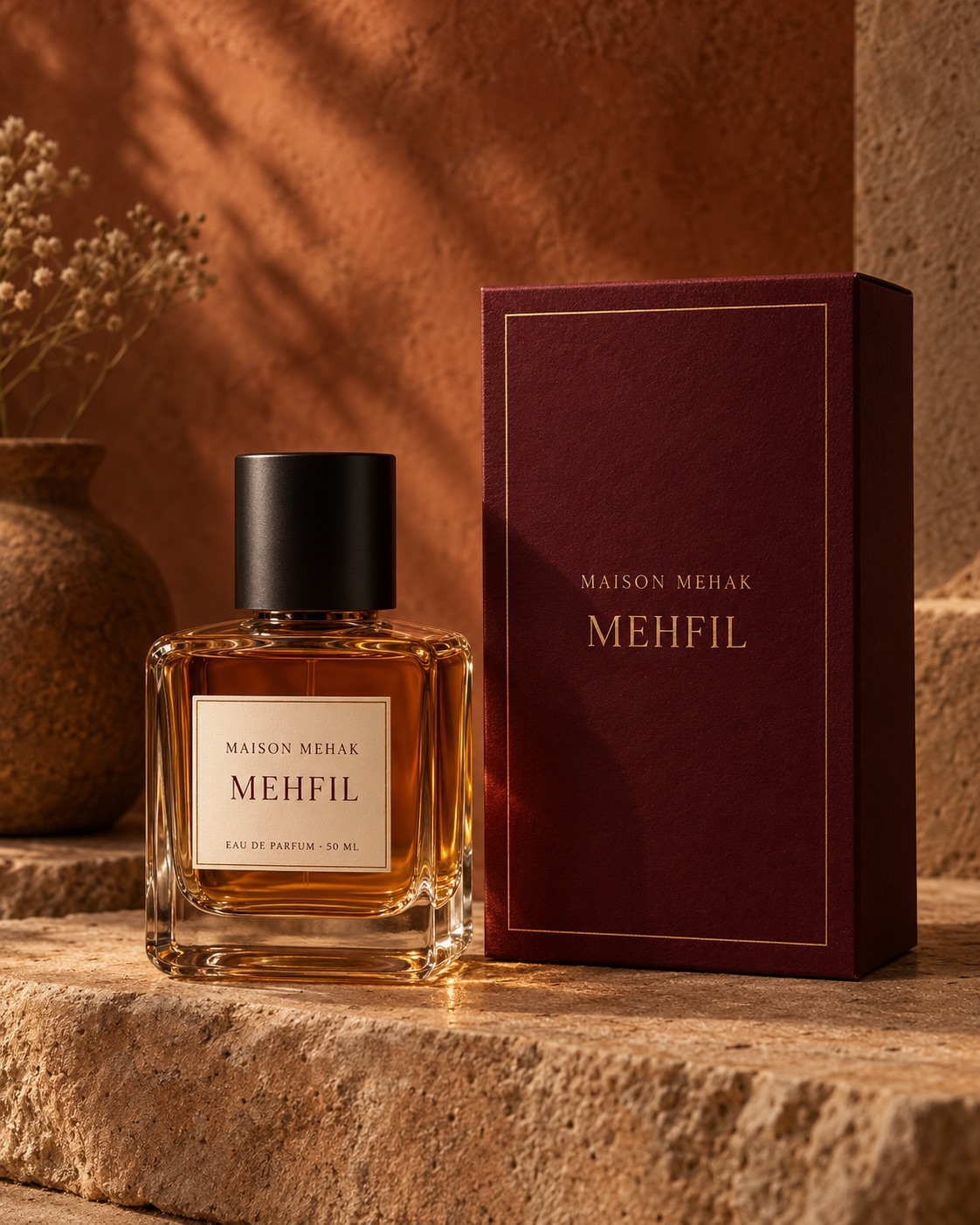 Mehfil 50 ml design proposal: original bottle and matching carton on warm terracotta stone with natural evening shadows and a deep burgundy carton; packaging preview; EDP to be confirmed