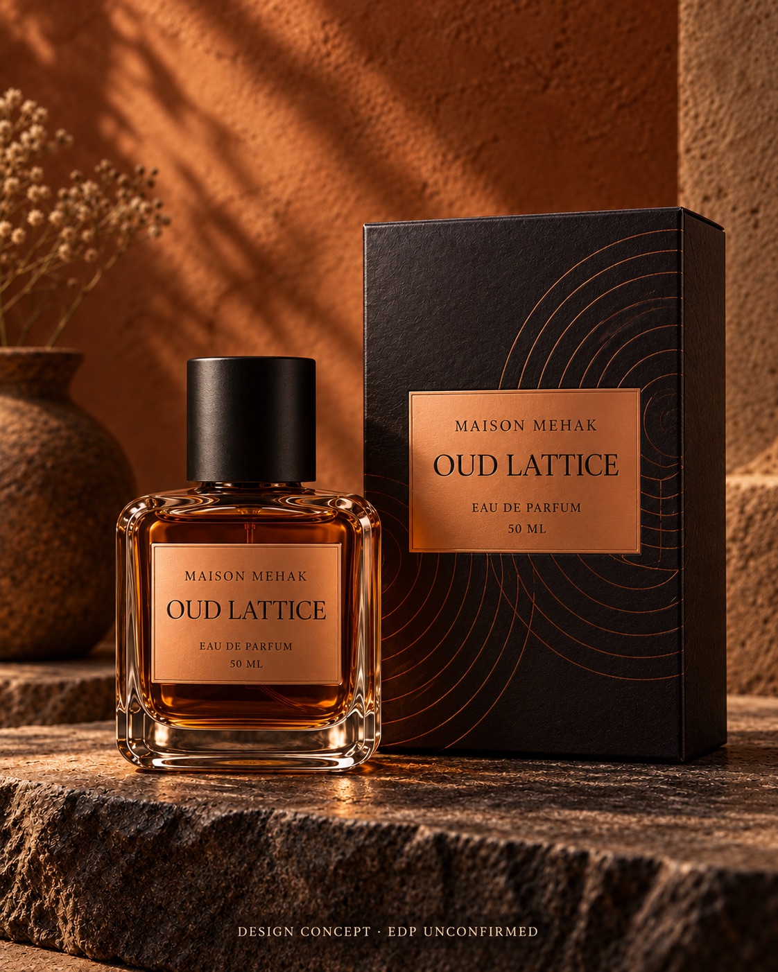 Oud Lattice 50 ml design proposal: original bottle and matching carton on charcoal stone with warm copper light and a charcoal carton; packaging preview; EDP to be confirmed