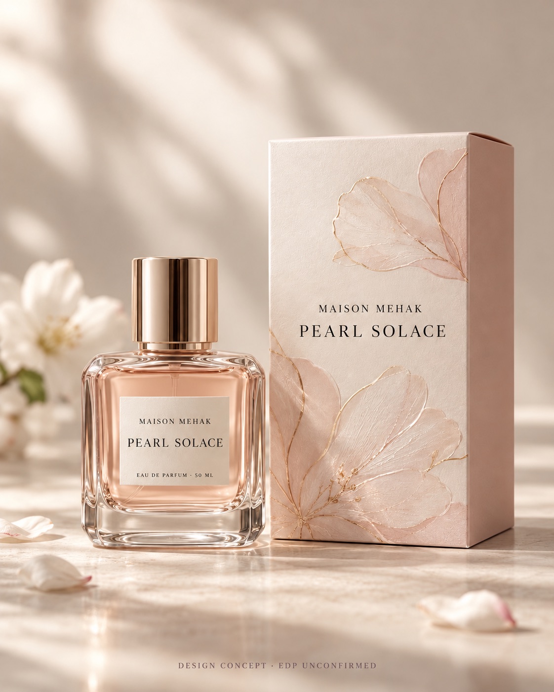 Pearl Solace 50 ml design proposal: original bottle and matching carton on warm ivory with soft petal shadows and a blush carton; packaging preview; EDP to be confirmed
