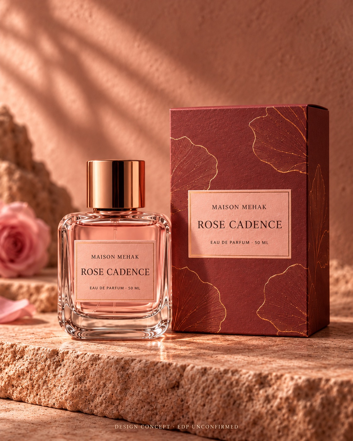 Rose Cadence 50 ml design proposal: original bottle and matching carton on rose-toned stone with gentle natural shadows and a deep rose carton; packaging preview; EDP to be confirmed