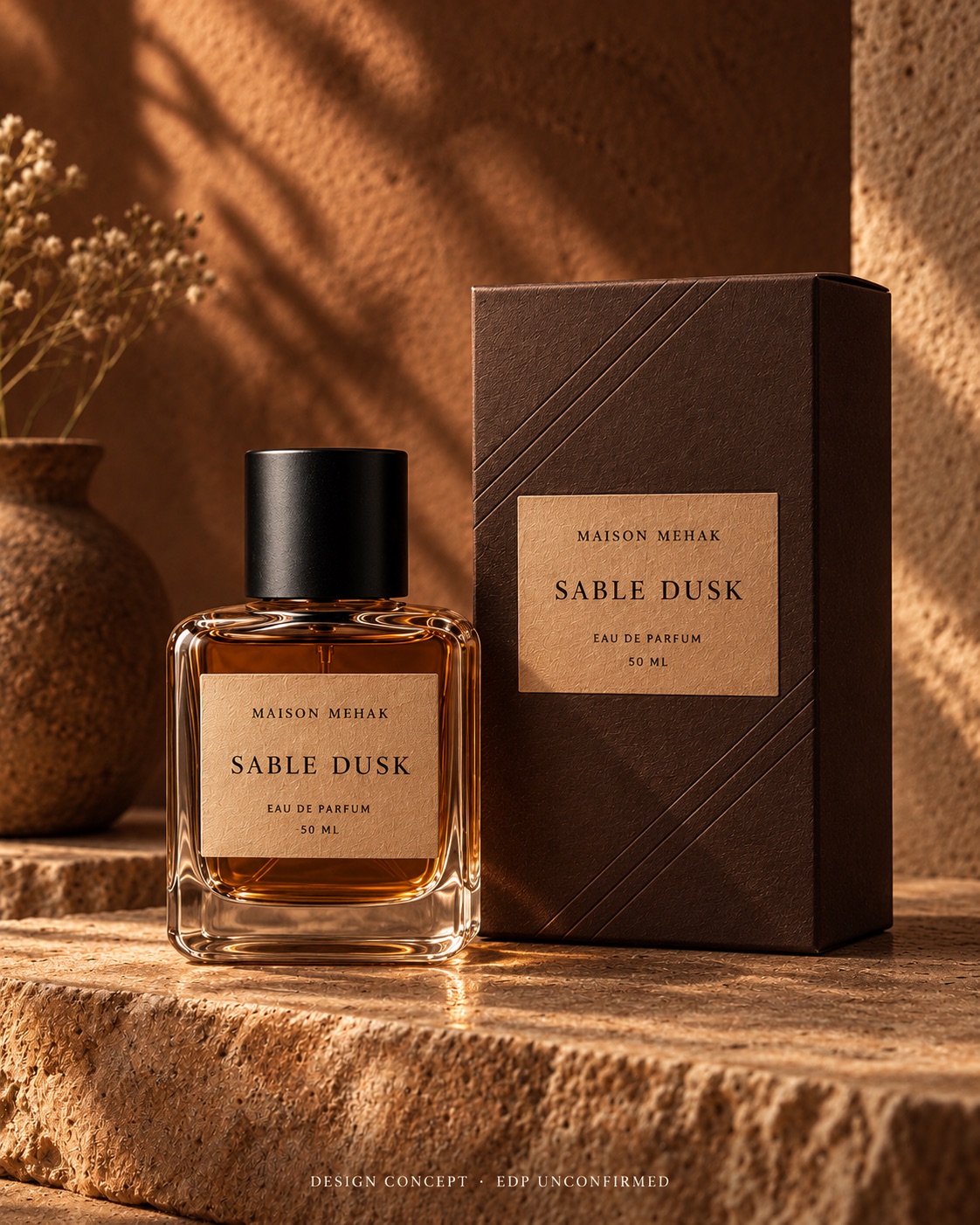 Sable Dusk 50 ml design proposal: original bottle and matching carton on espresso and taupe plaster with natural shadows and a dark carton; packaging preview; EDP to be confirmed