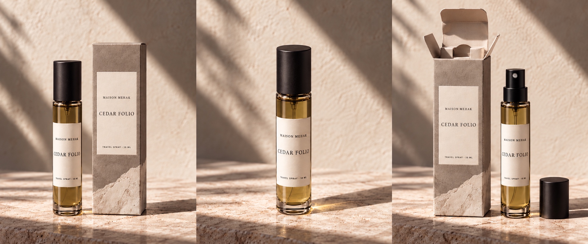 Cedar Folio 10 ml travel spray and carton packaging illustration; EDP to be confirmed