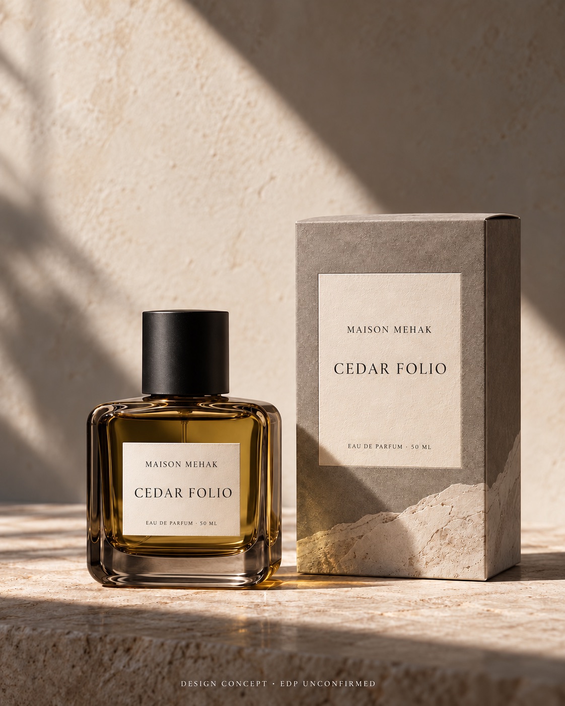 Cedar Folio 50 ml design proposal: original bottle and matching carton on pale limestone with architectural sunlight and a grey carton; packaging preview; EDP to be confirmed