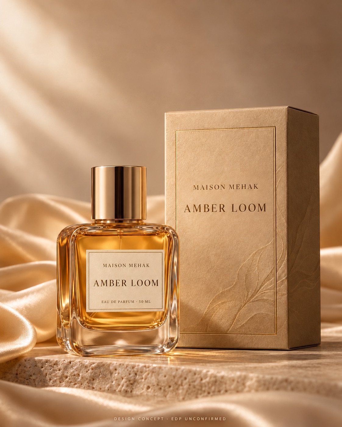 Amber Loom 50 ml design proposal: original bottle and matching carton on soft amber silk with warm light and a golden sand carton; packaging preview; EDP to be confirmed