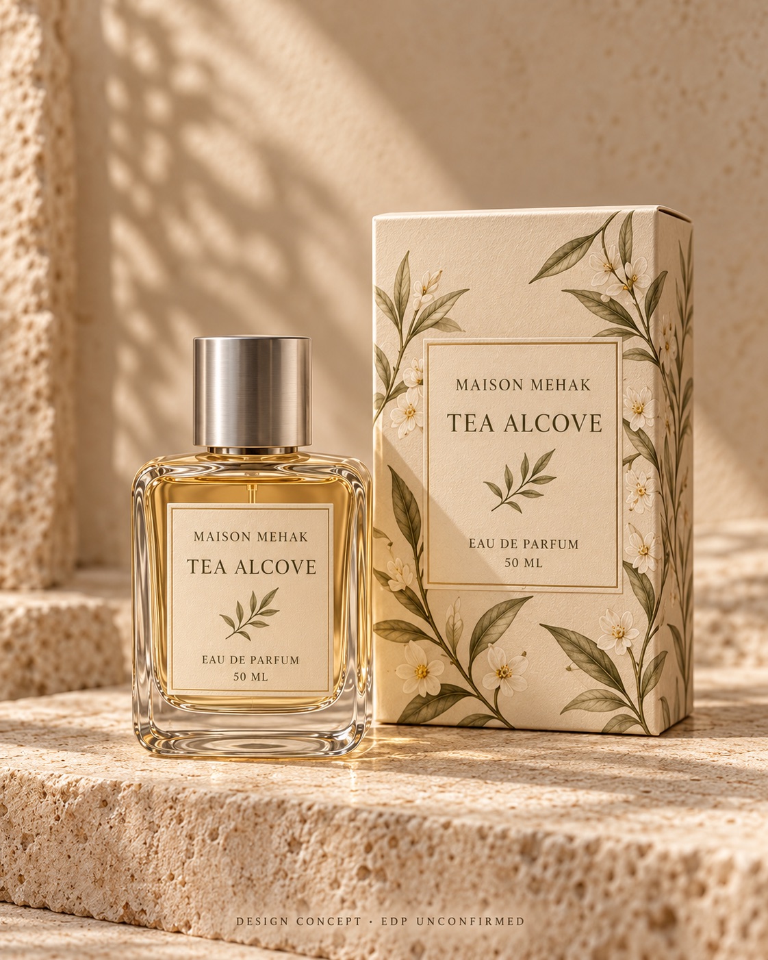 Tea Alcove 50 ml design proposal: original bottle and matching carton on warm ivory limestone with soft botanical shadows and an ivory carton; packaging preview; EDP to be confirmed
