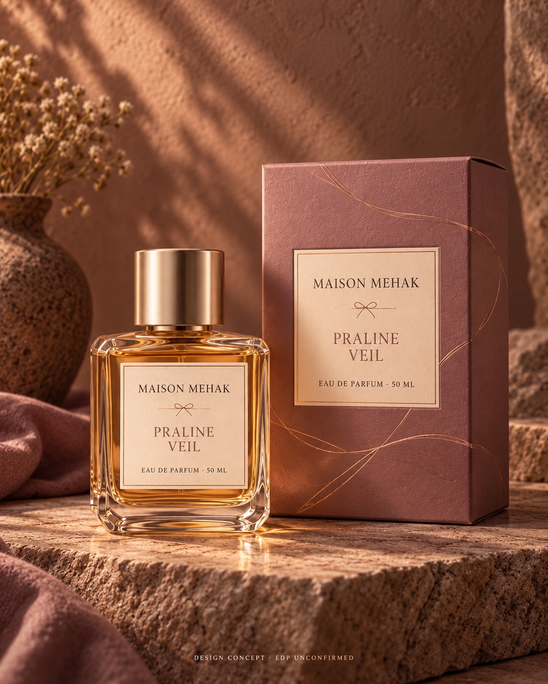 Praline Veil 50 ml design proposal: original bottle and matching carton on warm mauve stone with soft golden light and a mauve carton; packaging preview; EDP to be confirmed